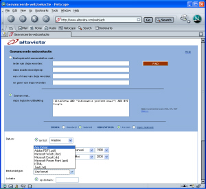 AltaVista (http://www.altavista.com/web/adv) | Schermdump: Frans de Meijer